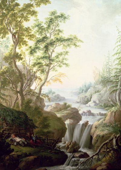 Felsige Waldlandschaft mit Wasserfall von Johan the Elder Pasch